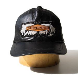 Leather Harley Davidson Hat | Adjustable Strap Vintage Black Leather Embroidered